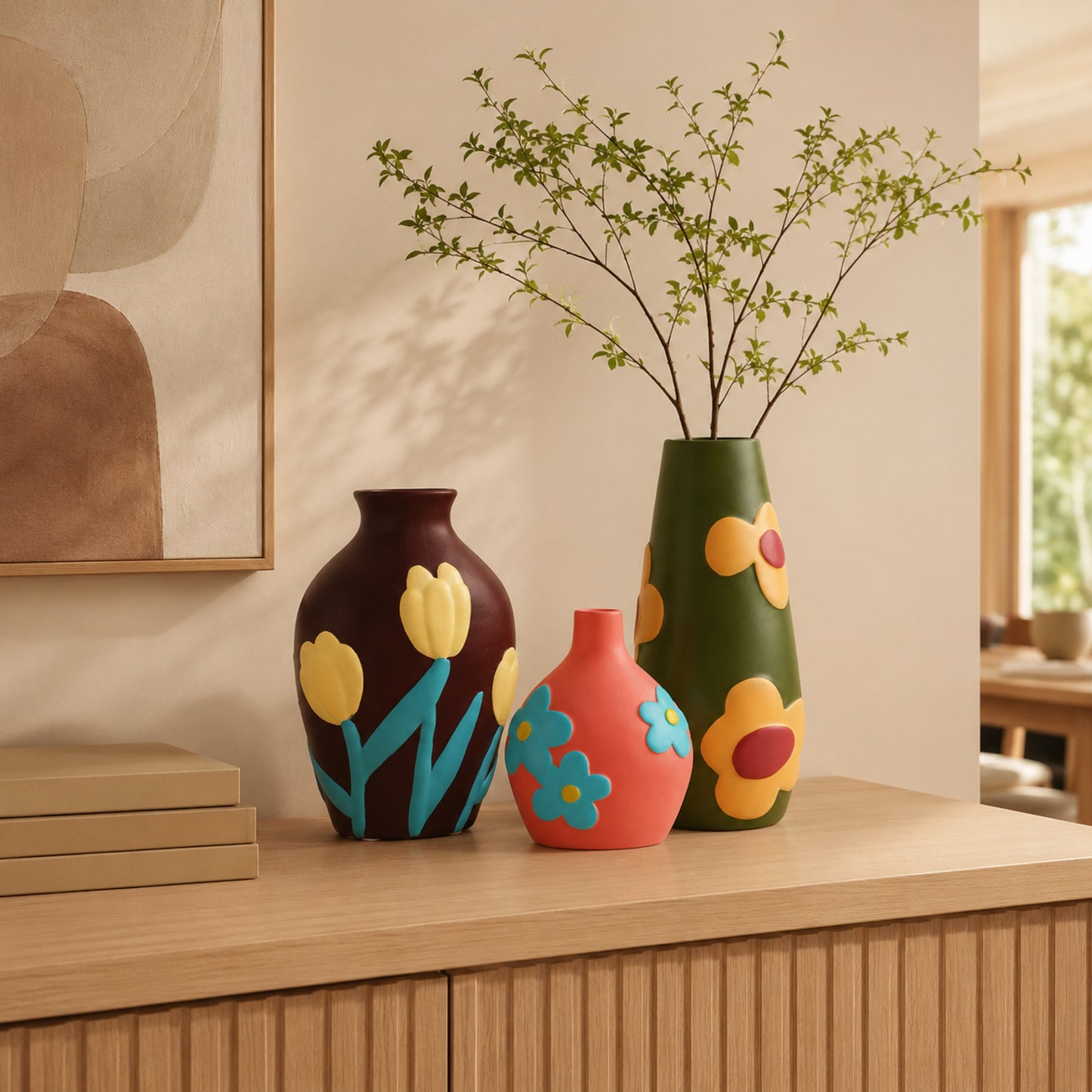 Fresco ceramic vase collection styled on a dining sideboard