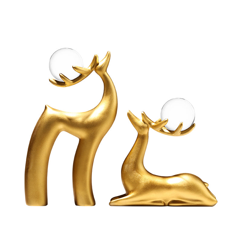 Showpiece Celestial Stags - Ceramic & Crystal Deer Table Showpieces (Gold) (Set of 2)