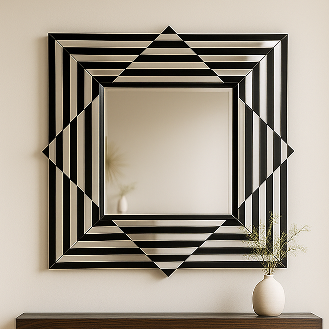 Decorative wall mirror with geometric design on a wall above a wooden console table.