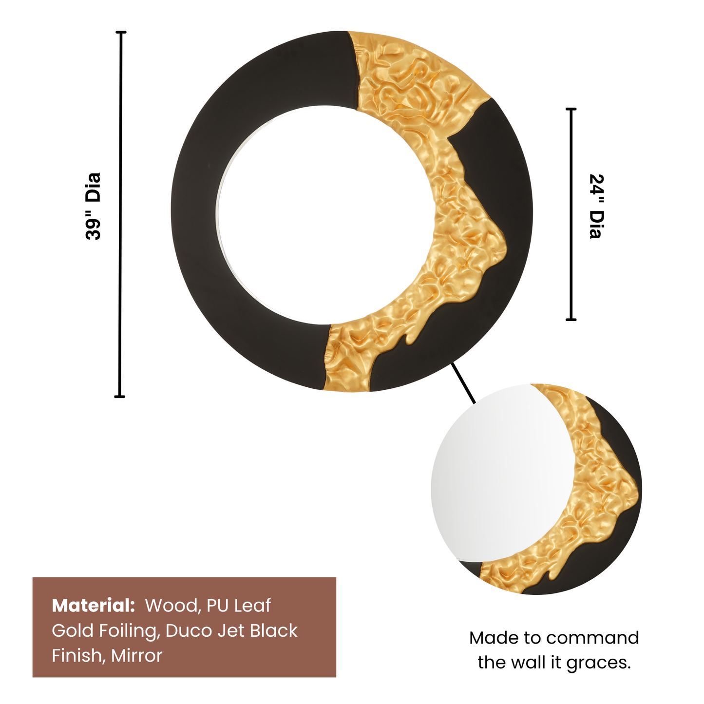 The Bold Edge - Black & Gold Round Luxury Wall Mirror ~ 3.2 Feet Dia