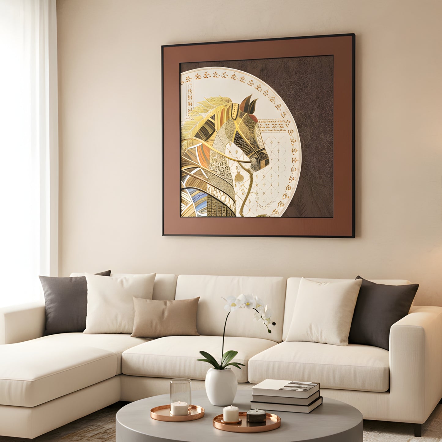 Regalia - Horse Inspired Premium 3D Leather Wall Art (Brown & Gold) ~ 3.5 x 3.5 feet