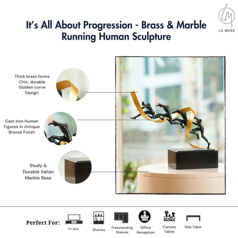 It’s All About Progression - Brass & Marble Running Human Sculpture ≈ 1.2 Feet Tall