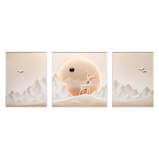 Three-panel artwork of a deer in a mountainous landscape with LED light glow - perfect for luxury living room interiors