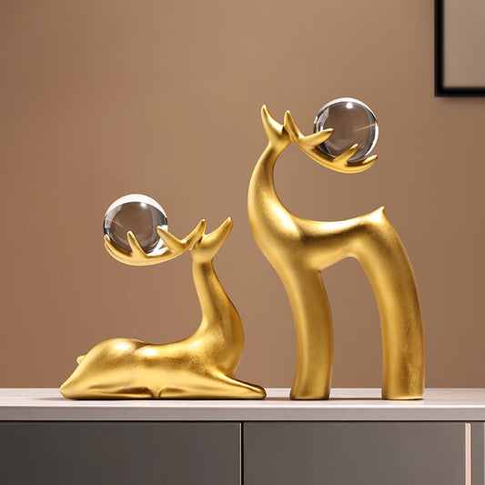 Showpiece Celestial Stags - Ceramic & Crystal Deer Table Showpieces (Gold) (Set of 2)