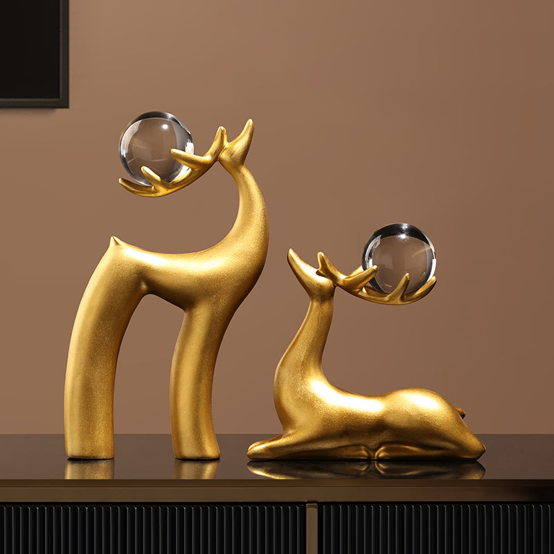 Showpiece Celestial Stags - Ceramic & Crystal Deer Table Showpieces (Gold) (Set of 2)