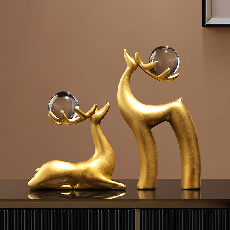 Showpiece Celestial Stags - Ceramic & Crystal Deer Table Showpieces (Gold) (Set of 2)
