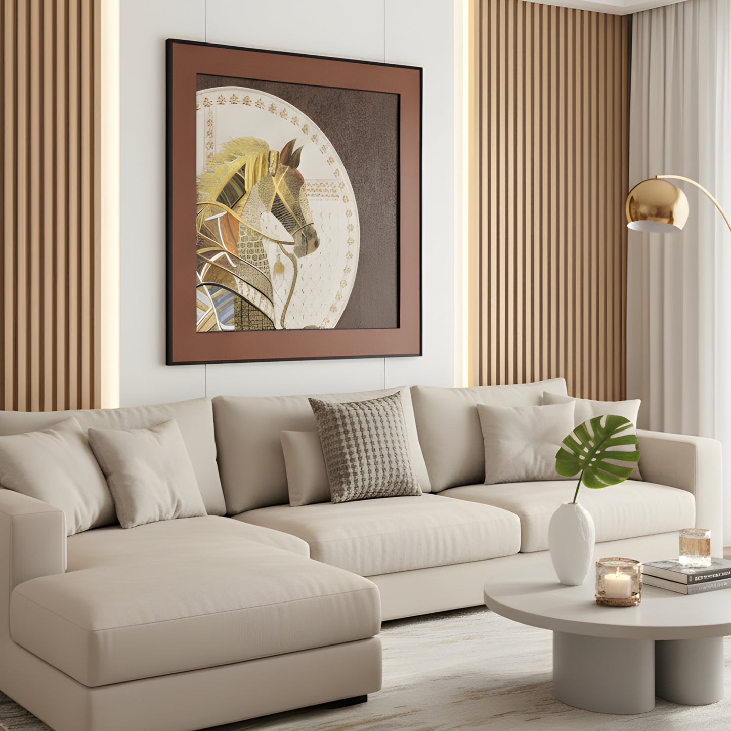 Regalia - Horse Inspired Premium 3D Leather Wall Art (Brown & Gold) ~ 3.5 x 3.5 feet