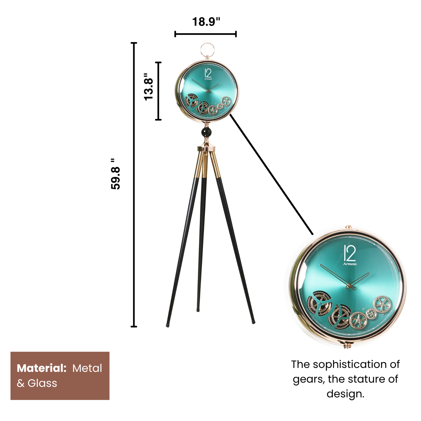 Artisanal Timecraft - Designer Floor Clock with Moving Gears Mechanism - Green & Gold - Style 1