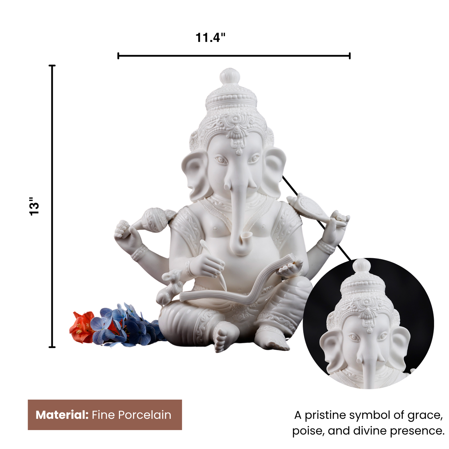 The Vighnaharta - High Porcelain Lord Ganesha Writing Mahabharata Statue (13 inches Tall)