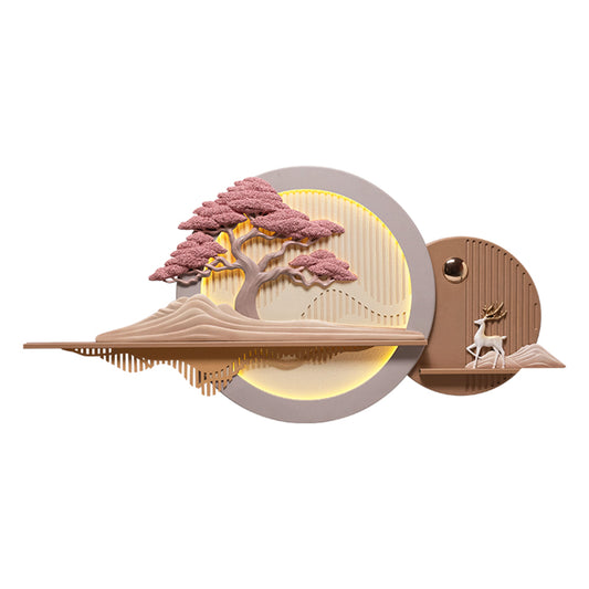 Large Decorative wall art with tree, deer, and mountain design with LED Light - Garden of Chi by La Muse