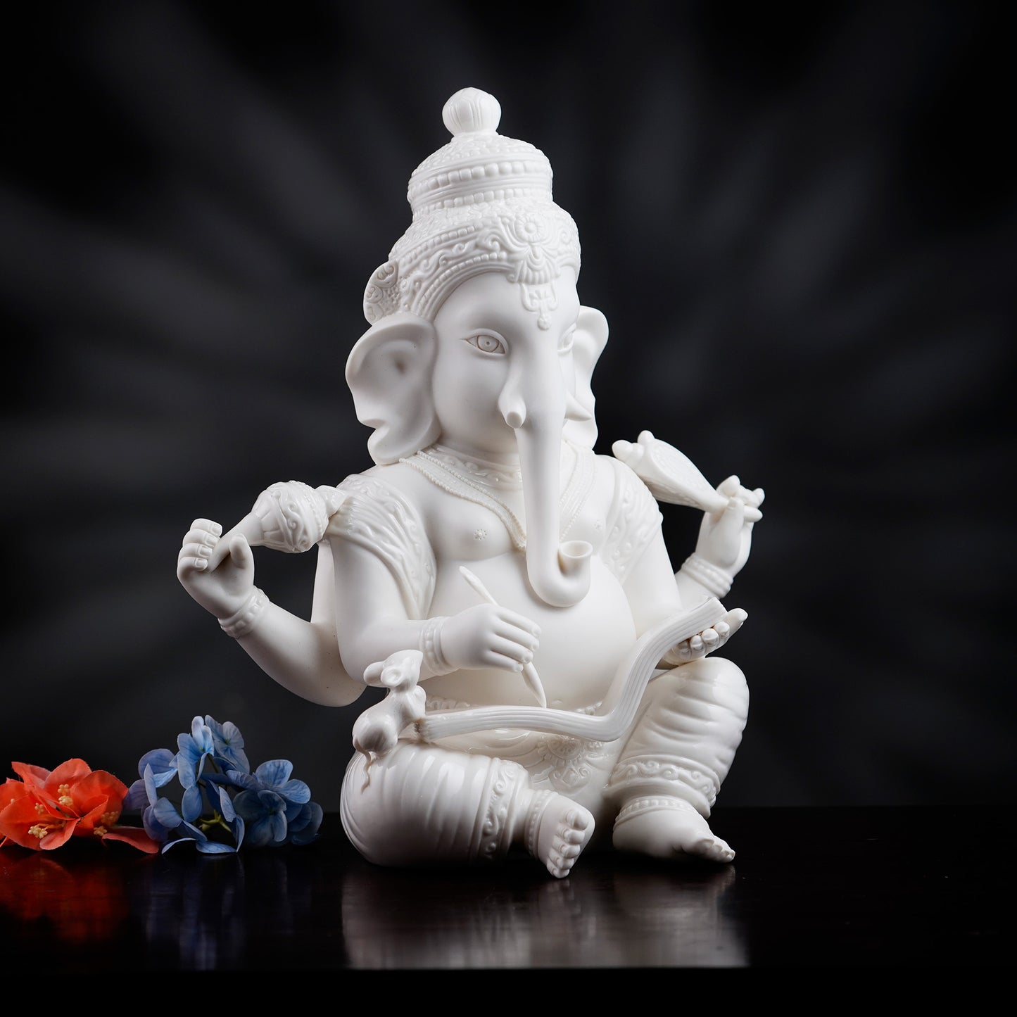 Spiritual Statues The Vighnaharta - High Porcelain Lord Ganesha Writing Mahabharata Statue (13 inches Tall)