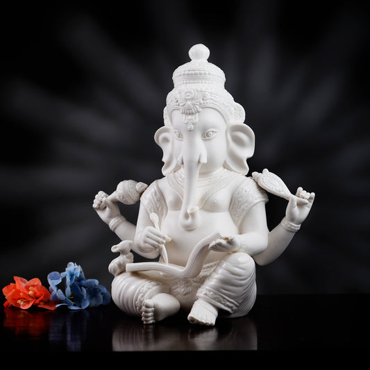 Spiritual Statues The Vighnaharta - High Porcelain Lord Ganesha Writing Mahabharata Statue (13 inches Tall)