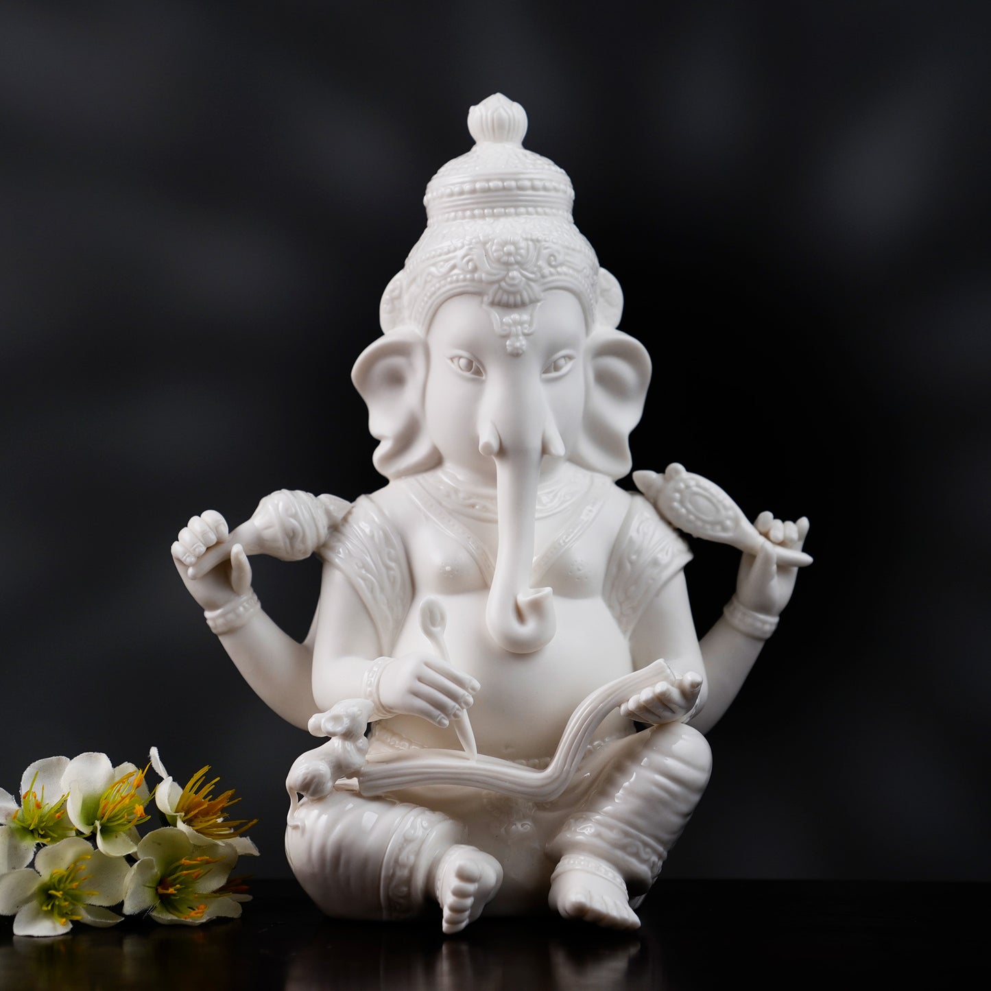 Spiritual Statues The Vighnaharta - High Porcelain Lord Ganesha Writing Mahabharata Statue (8 inches Tall)