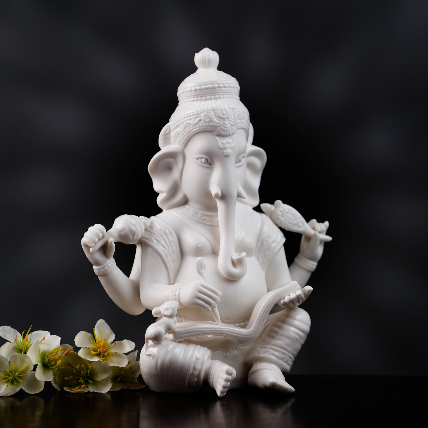 Spiritual Statues The Vighnaharta - High Porcelain Lord Ganesha Writing Mahabharata Statue (8 inches Tall)