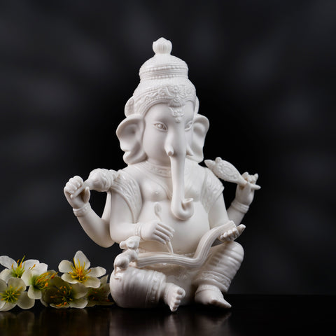 The Vighnaharta - High Porcelain Lord Ganesha Writing Mahabharata Statue (8 inches Tall)