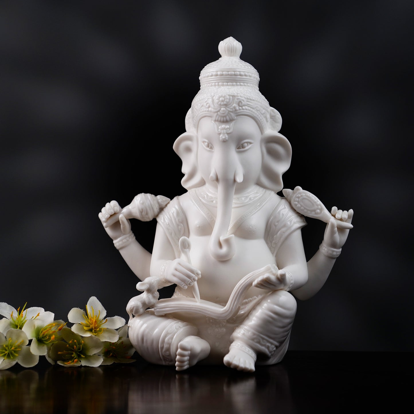 Spiritual Statues The Vighnaharta - High Porcelain Lord Ganesha Writing Mahabharata Statue (8 inches Tall)