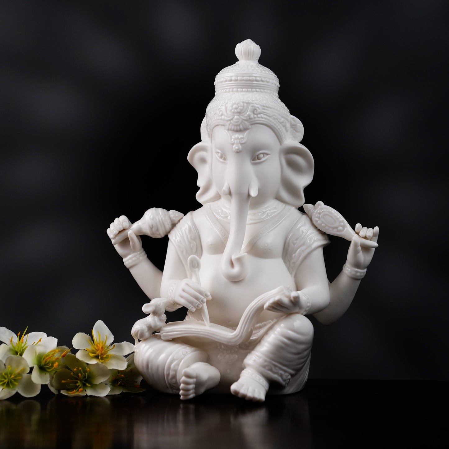 Spiritual Statues The Vighnaharta - High Porcelain Lord Ganesha Writing Mahabharata Statue (8 inches Tall)