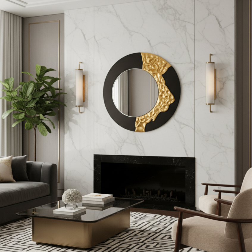 The Bold Edge - Black & Gold Round Luxury Wall Mirror ~ 3.2 Feet Dia