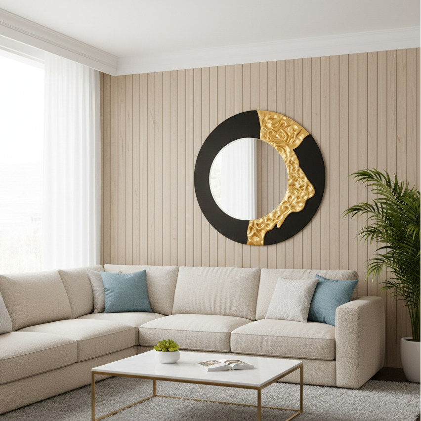 The Bold Edge - Black & Gold Round Luxury Wall Mirror ~ 3.2 Feet Dia