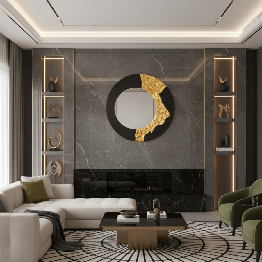 The Bold Edge - Black & Gold Round Luxury Wall Mirror ~ 3.2 Feet Dia