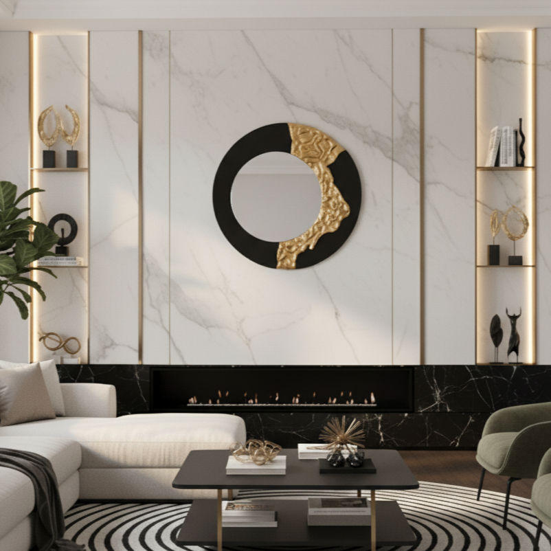 The Bold Edge - Black & Gold Round Luxury Wall Mirror ~ 3.2 Feet Dia