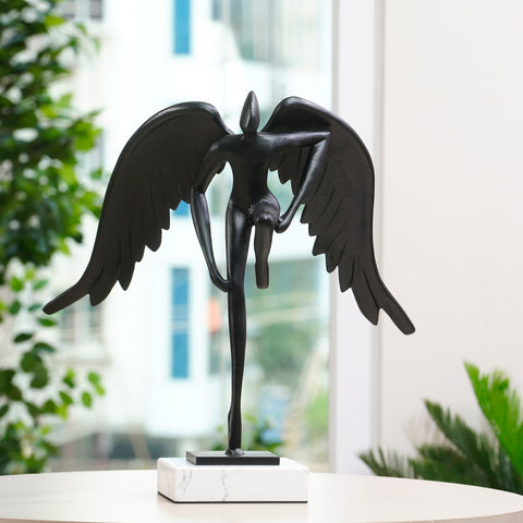 The Midnight Majesty - Marble & Alloy Human with Wings Table Sculpture - 1.5 Feet Tall