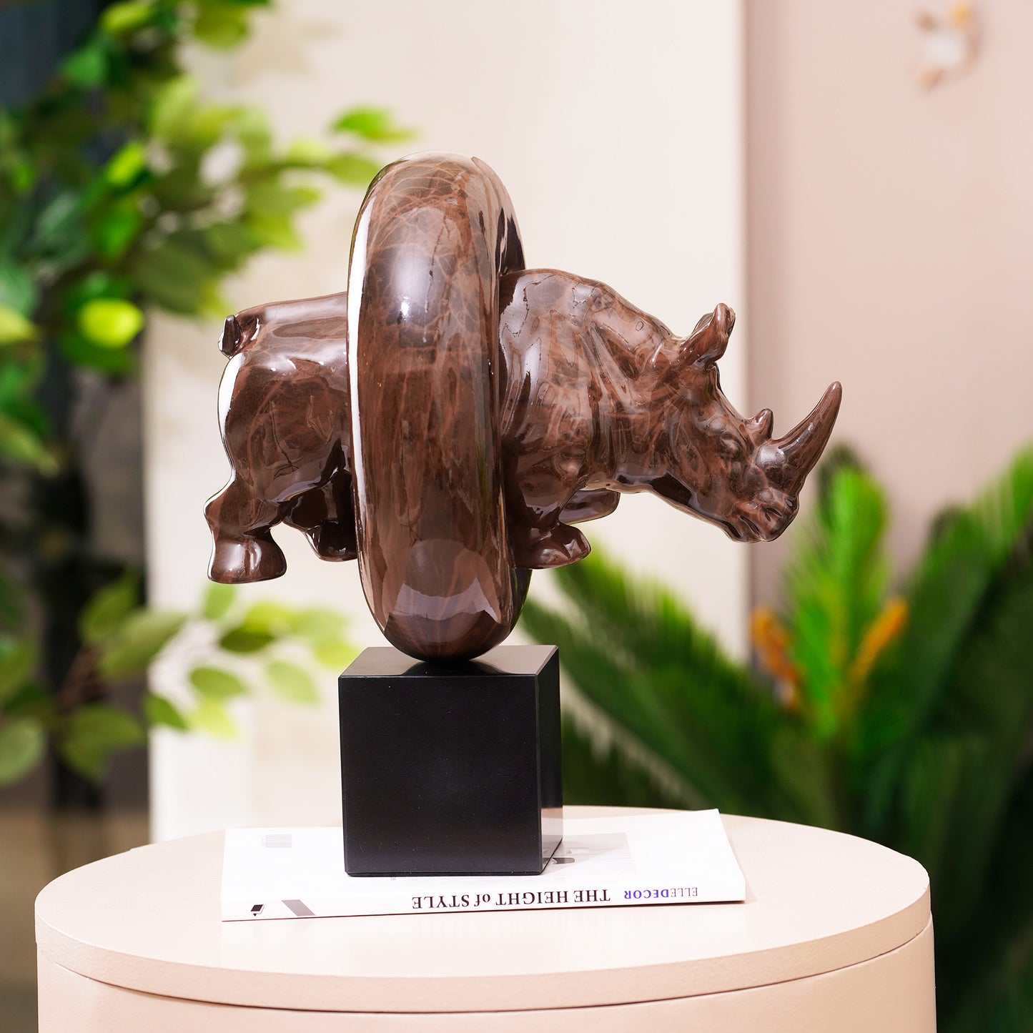 Showpiece Spirit Of Vigor: Wooden Finish Resin & Marble Rhino Showpiece
