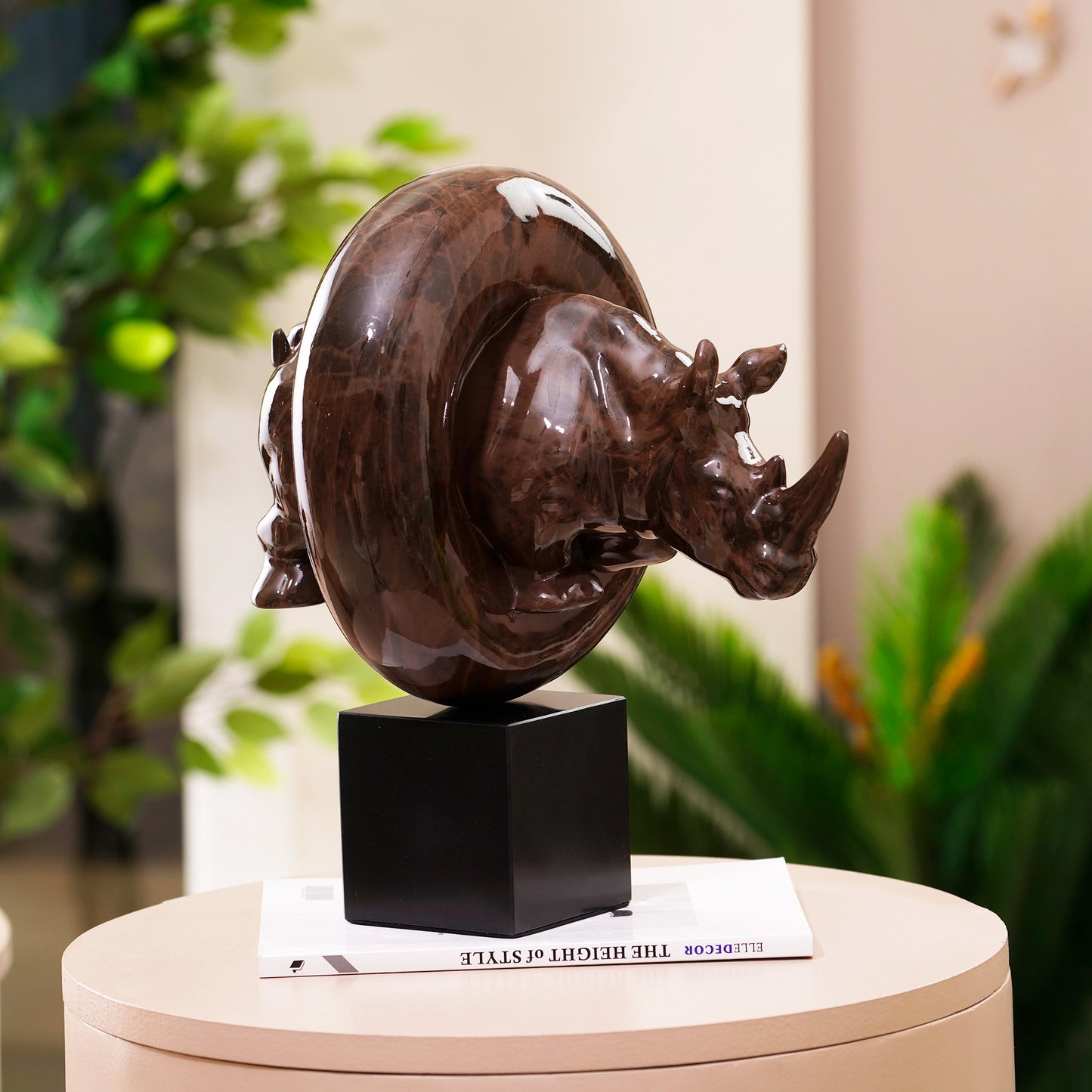 Showpiece Spirit Of Vigor: Wooden Finish Resin & Marble Rhino Showpiece