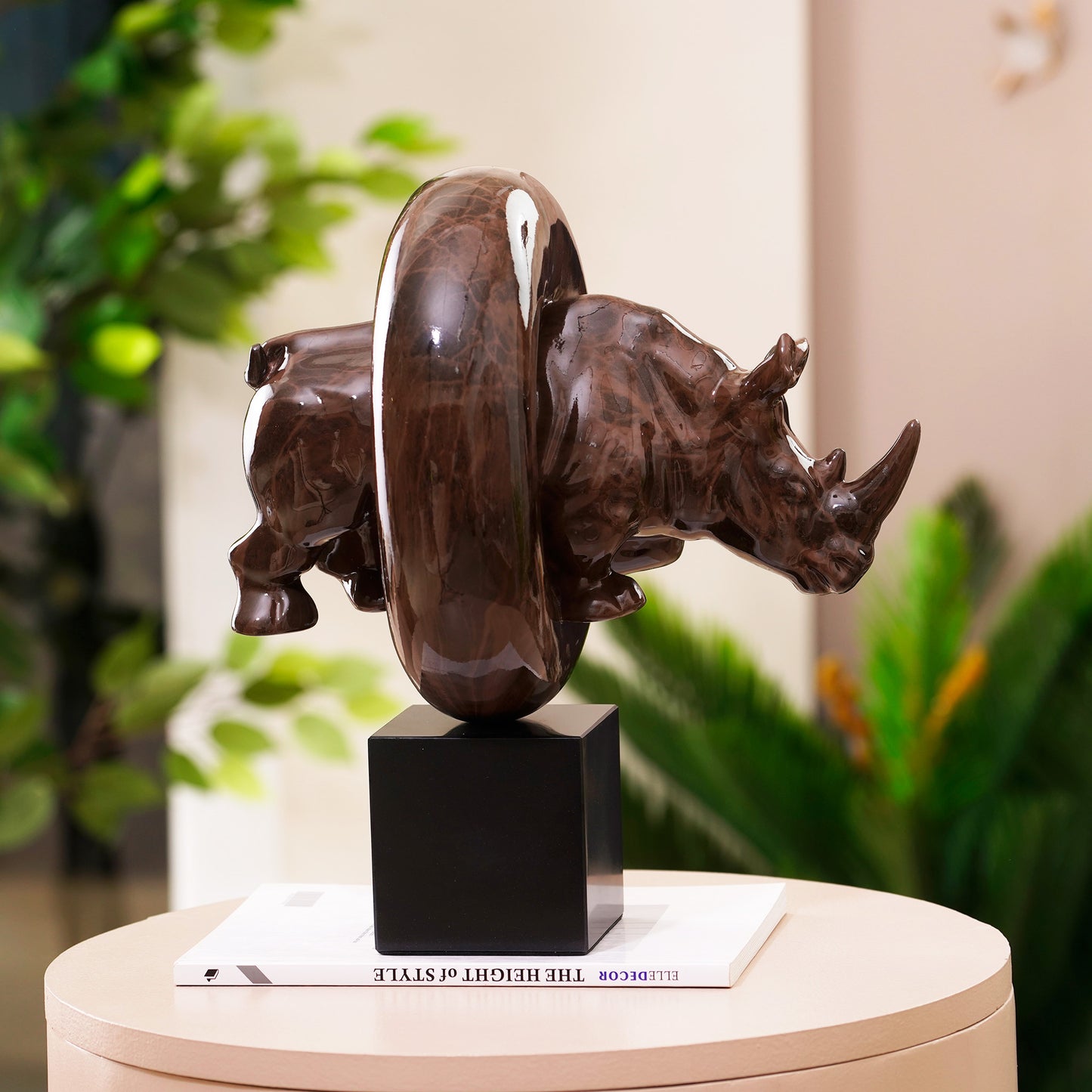 Showpiece Spirit Of Vigor: Wooden Finish Resin & Marble Rhino Showpiece