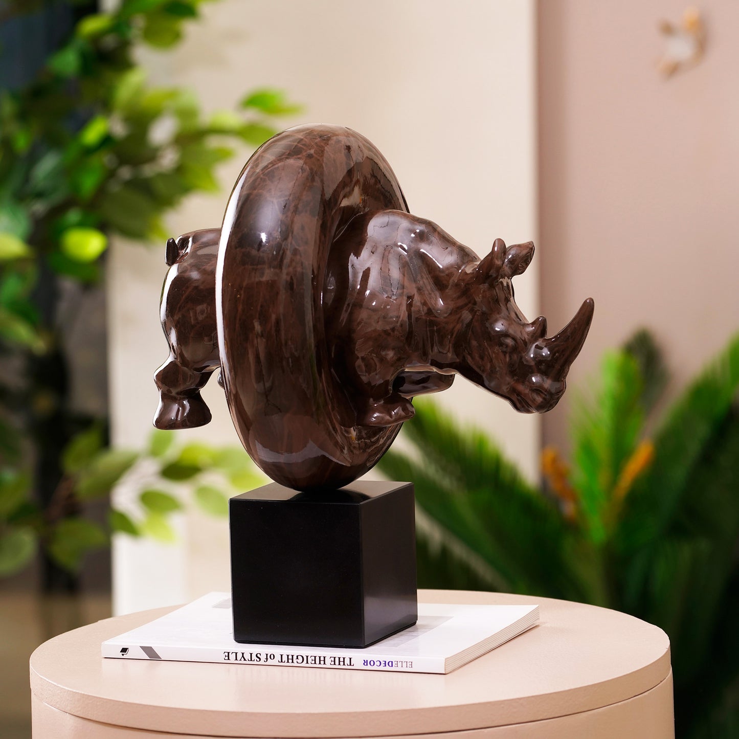 Showpiece Spirit Of Vigor: Wooden Finish Resin & Marble Rhino Showpiece