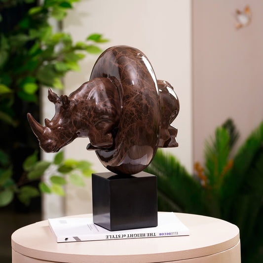 Showpiece Spirit Of Vigor: Wooden Finish Resin & Marble Rhino Showpiece