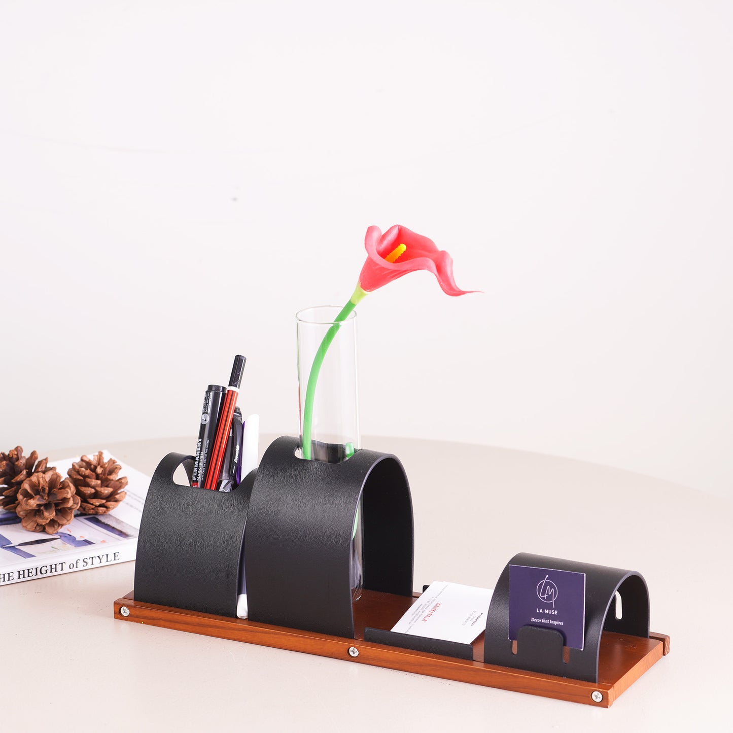 Desk Organizer The Executive's Elegance: Leather & Walnut Wood Desk Organiser - Black