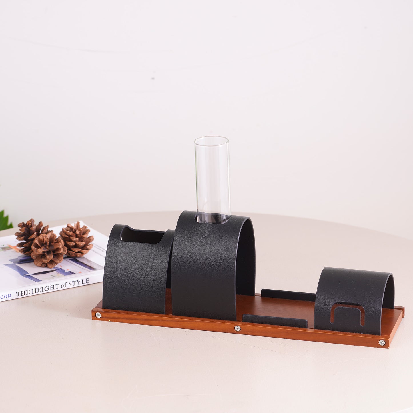 Desk Organizer The Executive's Elegance: Leather & Walnut Wood Desk Organiser - Black
