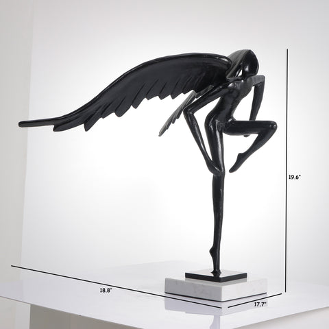 The Midnight Majesty - Marble & Alloy Human with Wings Table Sculpture - 1.5 Feet Tall