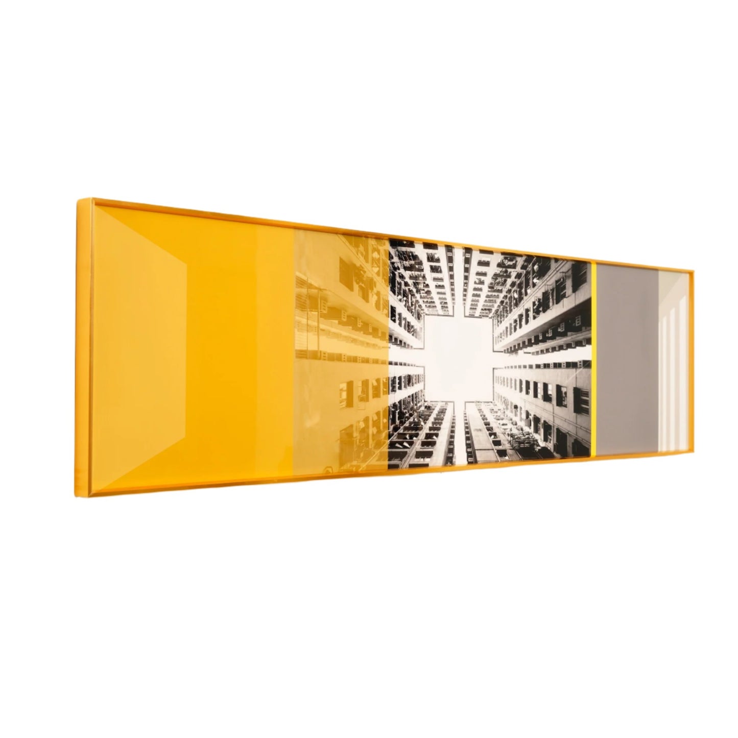 crystal porcelain wall arts Urban Heights Cityscape Themed Framed Glass Wall Art - Yellow & Grey ~ 5 Feet Long
