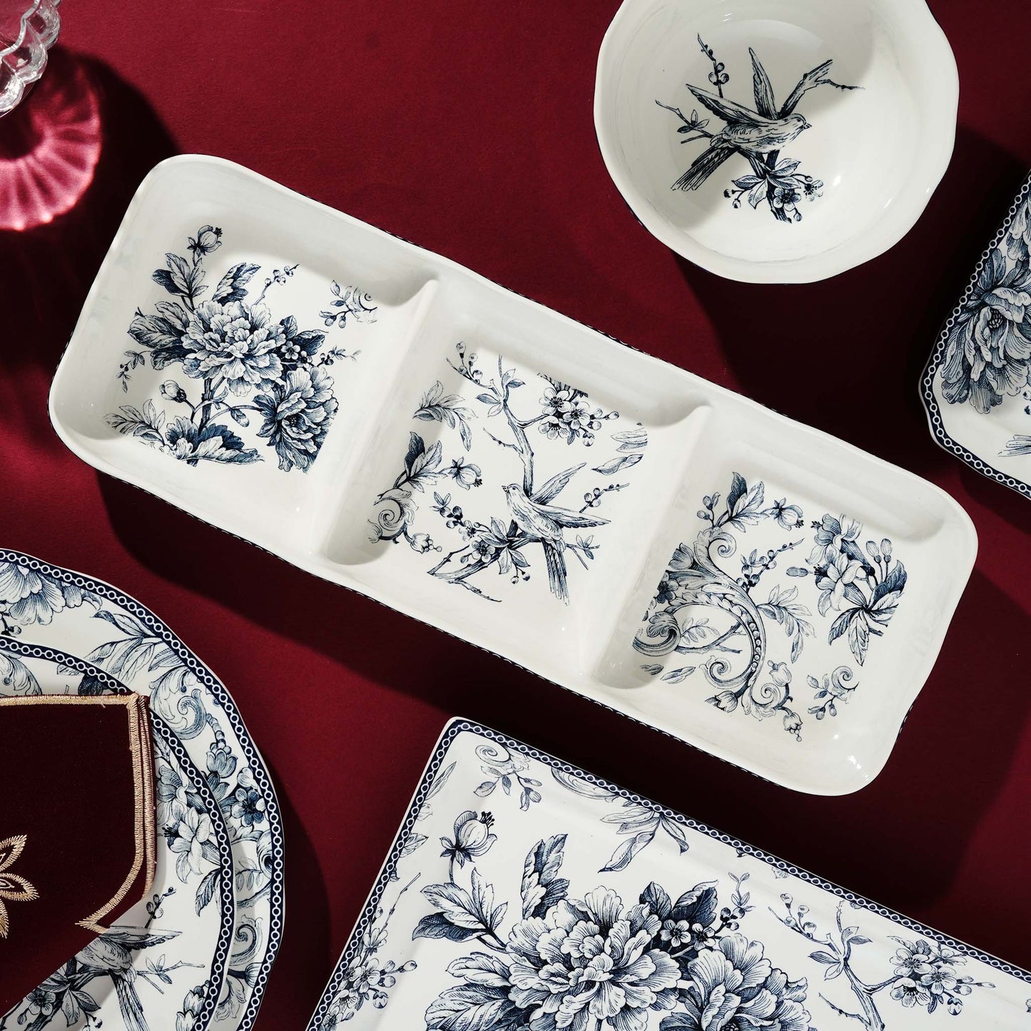 Platter Heritage Bloom - Vintage Floral Style Fine Porcelain - 3 Section Serving Platter - Blue & White