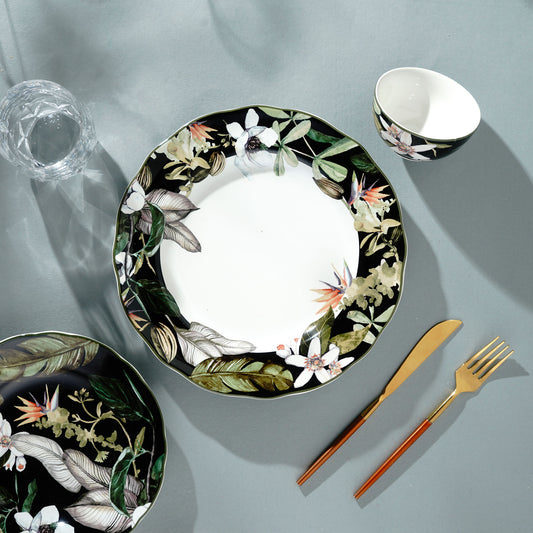 Dinner Plate Tropical Escape Floral Theme Fine Porcelain Black Dinner Plates (Set of 6)