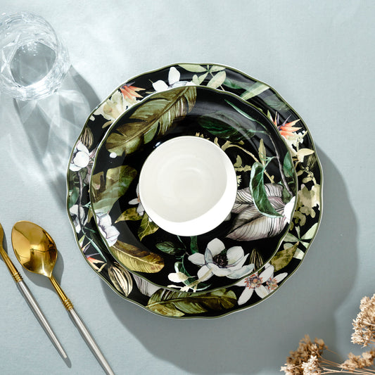 Side Plate Tropical Escape - Floral Theme Fine Porcelain Black Side Plate (Set of 4)