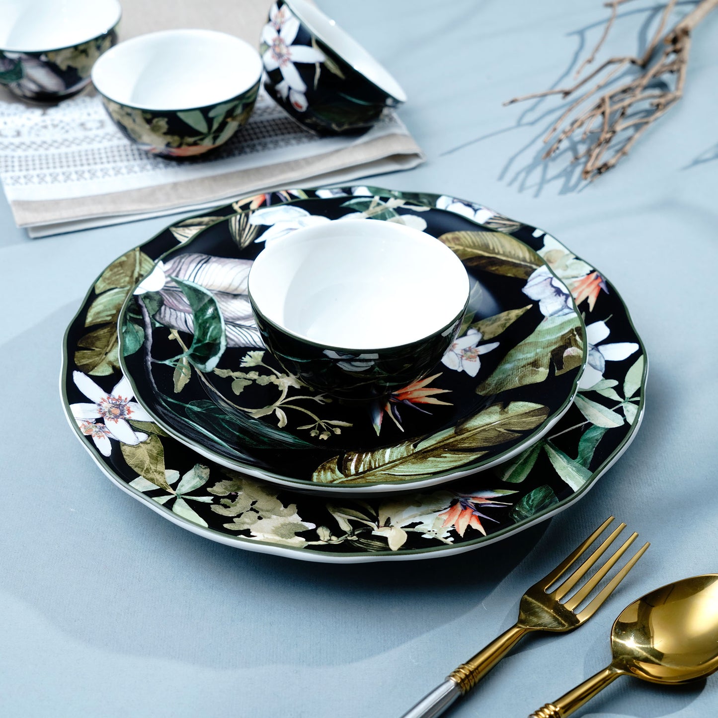 Dinner Bowl Tropical Escape - Floral Theme Fine Porcelain Black 4" Katori Bowls (Set of 6)