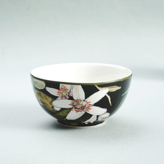 Dinner Bowl Tropical Escape - Floral Theme Fine Porcelain Black 4" Katori Bowls (Set of 6)