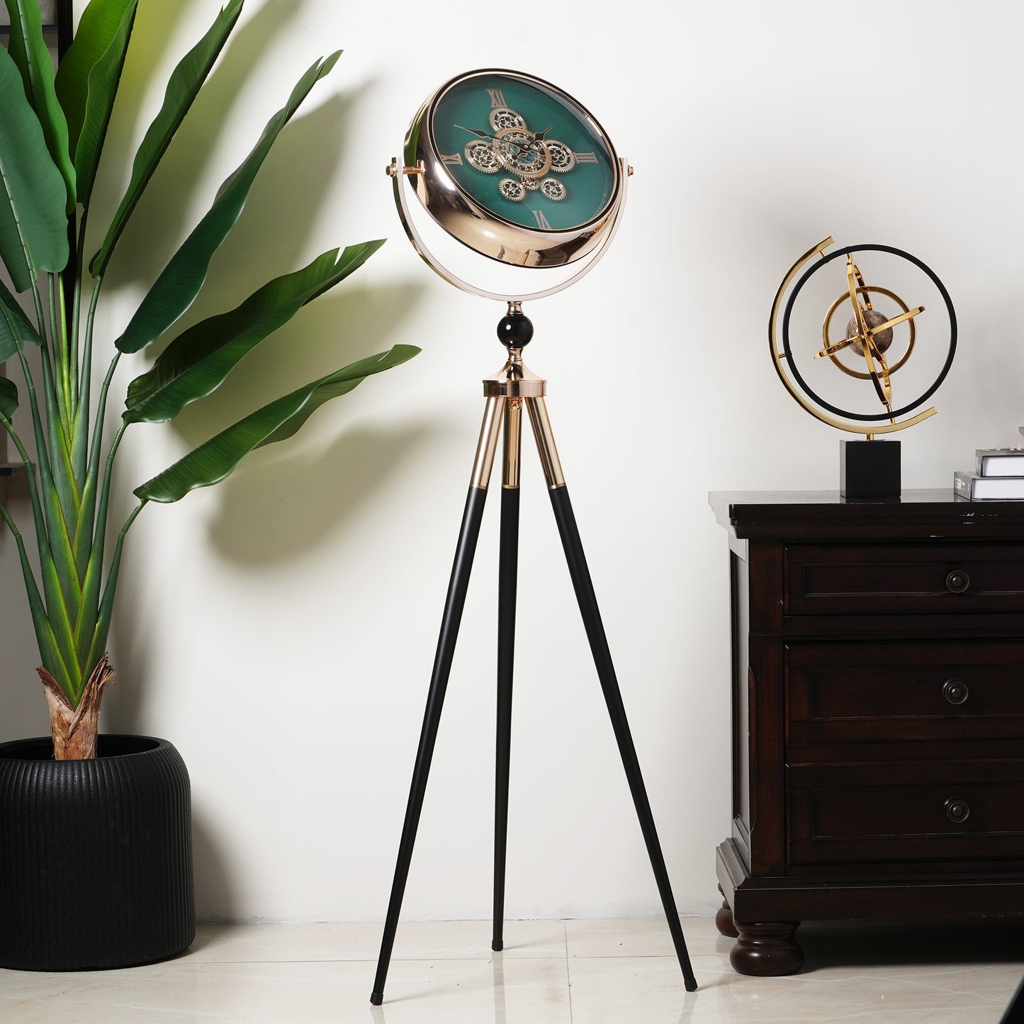 Artisanal Timecraft - Designer Floor Clock with Moving Gears Mechanism - Green & Gold - Style 2