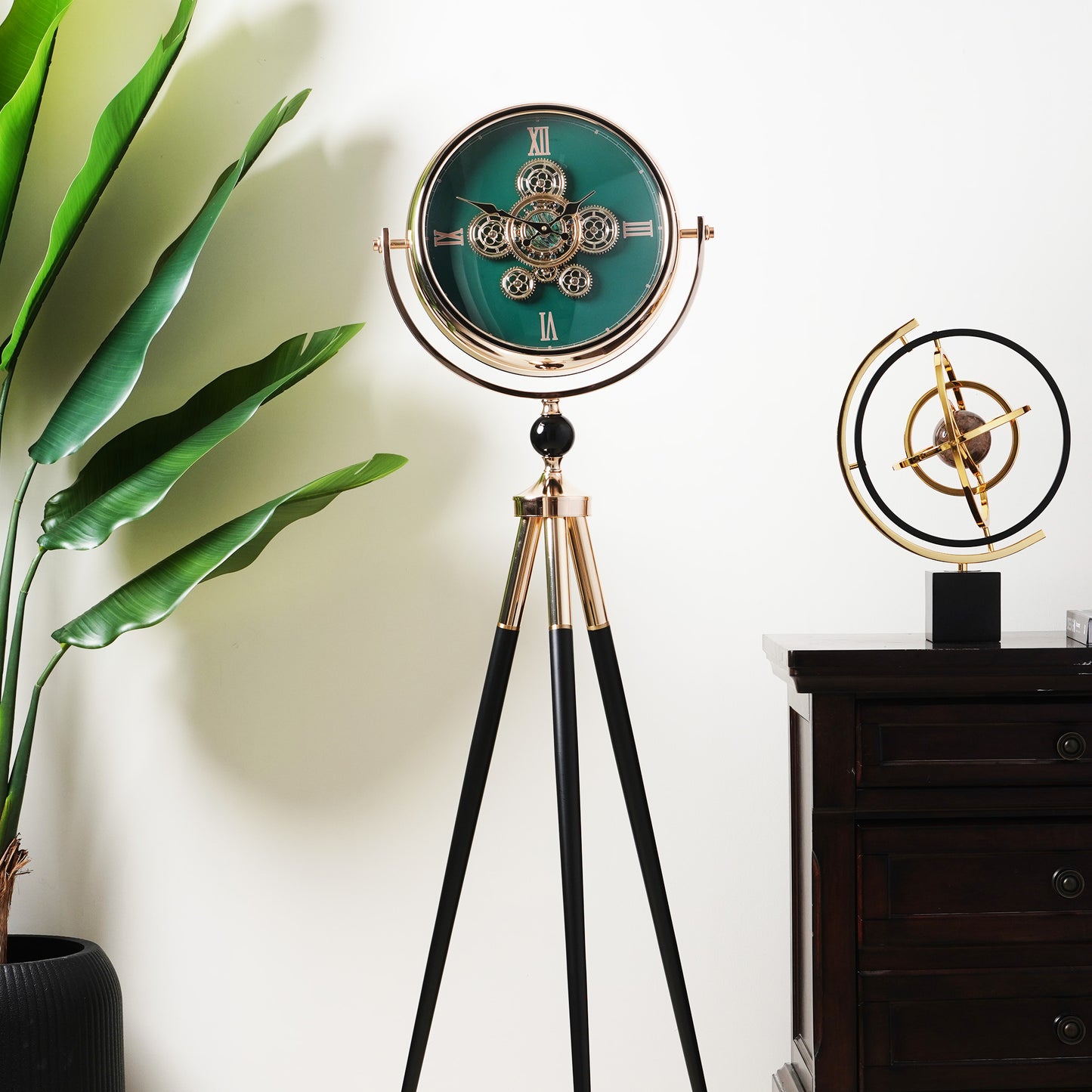 Artisanal Timecraft - Designer Floor Clock with Moving Gears Mechanism - Green & Gold - Style 2