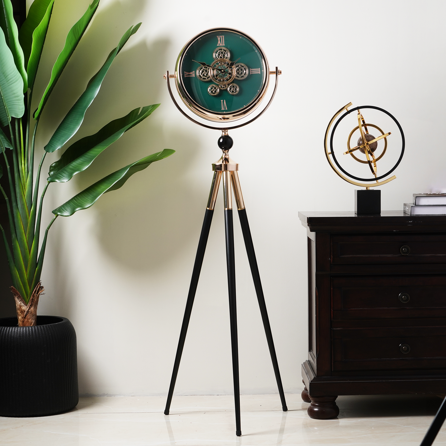 Artisanal Timecraft - Designer Floor Clock with Moving Gears Mechanism - Green & Gold - Style 2