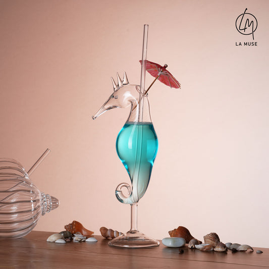 Cocktail Glass Maritime Muse - Seahorse Themed Cocktail Glass with Glass Straw (Set of 2) (330 ml)