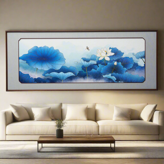 Luxury framed floral artwork in blue and white for luxury living room interiors