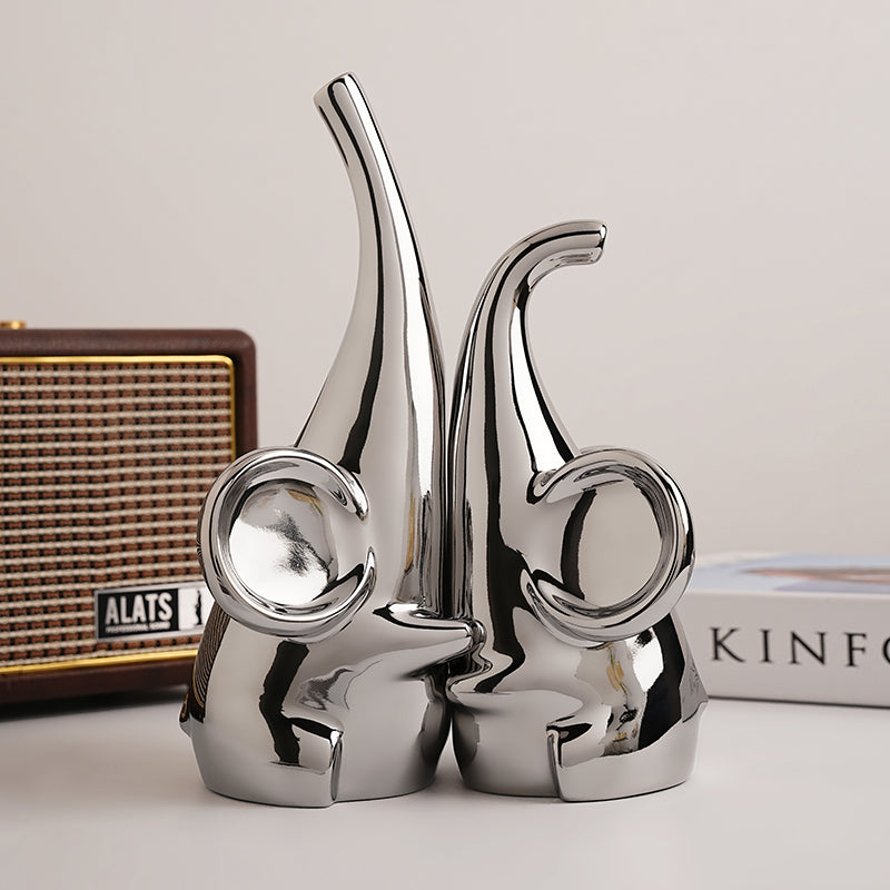 Showpiece The Wise and Mighty Duo - Ceramic Silver Elephants Table Showpiece (Set of 2)