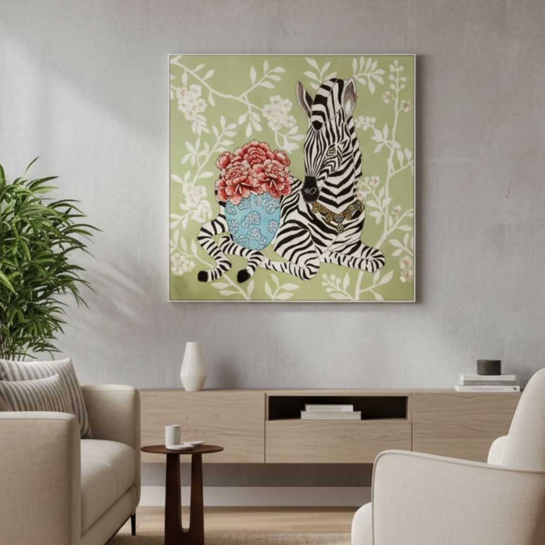 luxury wall art of zebras and flowers in a living room setting