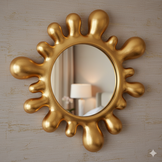 Gold sunburst luxury wall mirror on a beige wall