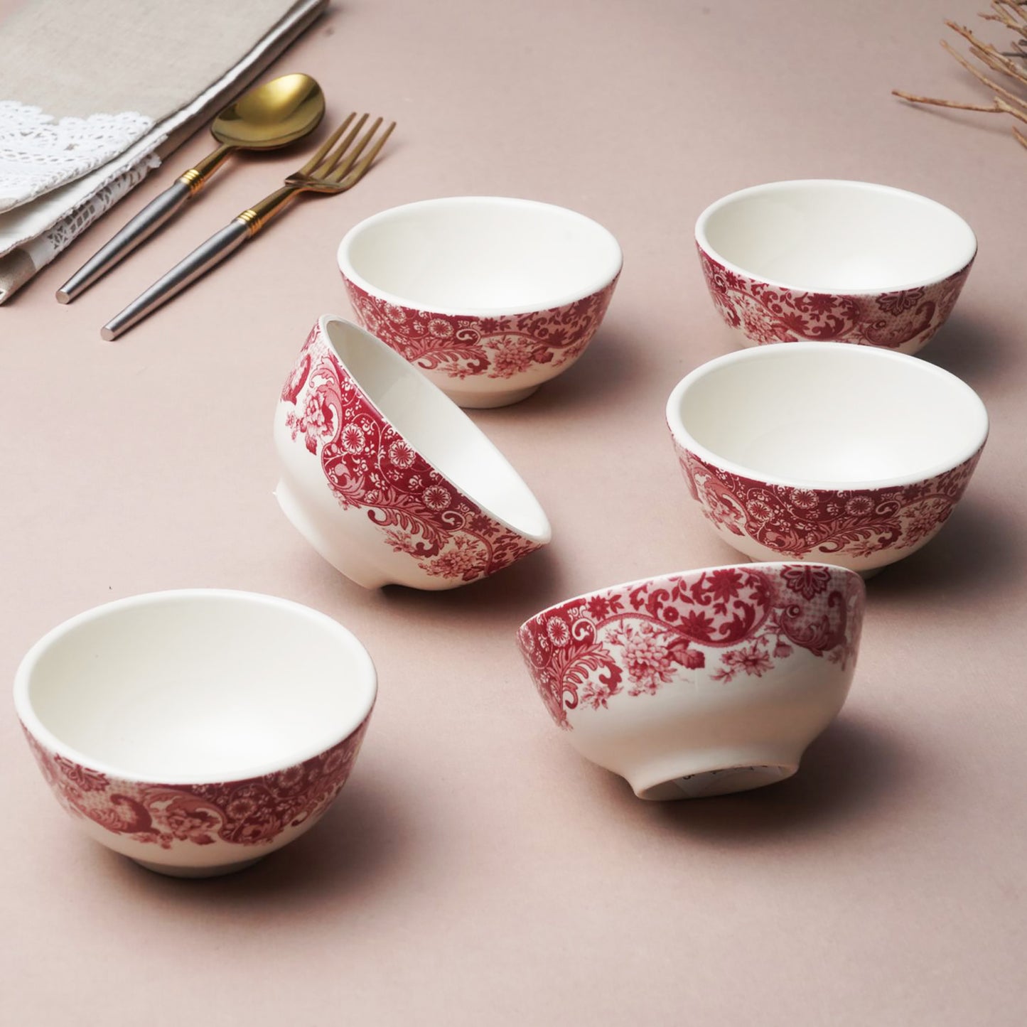 Dinner Bowl Regal Victorian Grandeur Fine Porcelain 180 ml Katori Bowl - Rome Pink & White