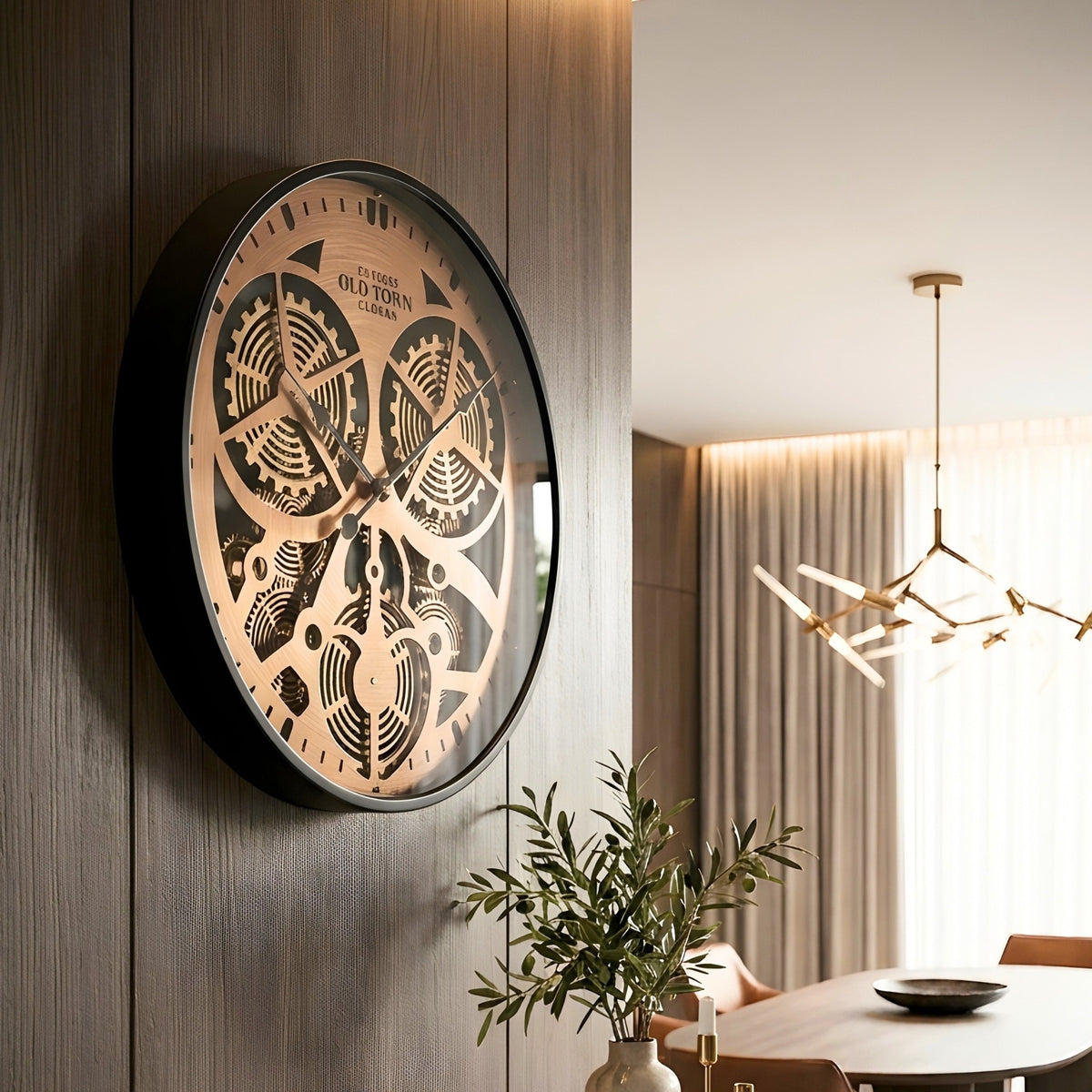 Chronicle vintage gear wall clock styled in a modern dining room